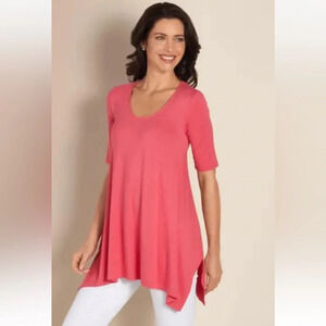 Soft Surroundings Timely Tunic Top Petite Med Pink Shark Bite Hem Short Sleeve